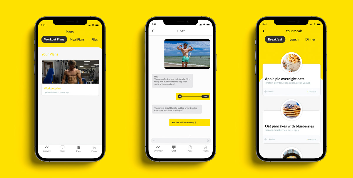 A mockup of the coaching app showcasing the different features.